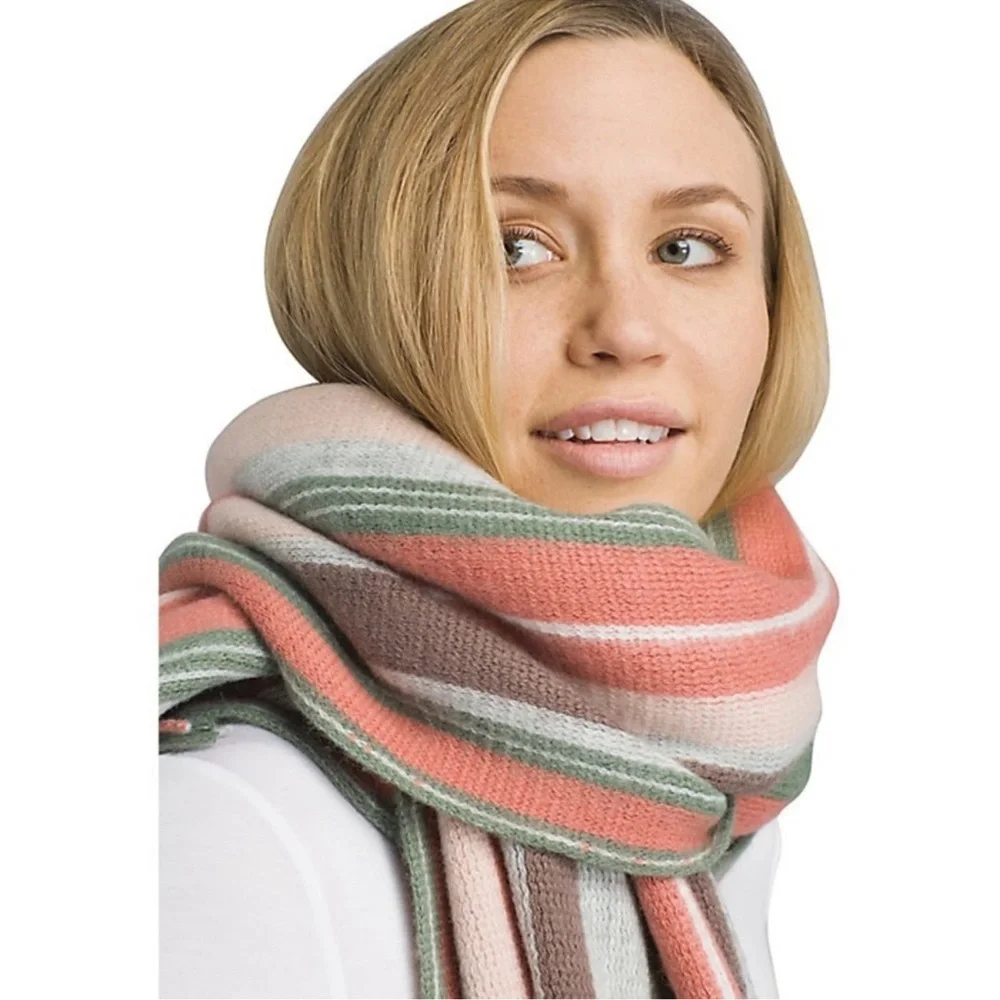 prAna Loli Scarf Weathered Wood Fringe Blanket Orange Green Brown-72x18”